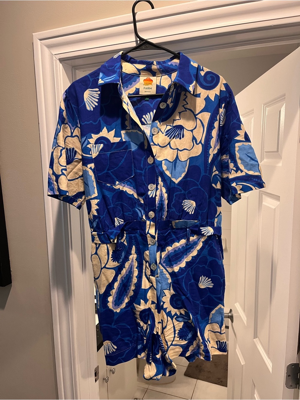 FARM Rio Blue and Cream Floral Button Front Romper